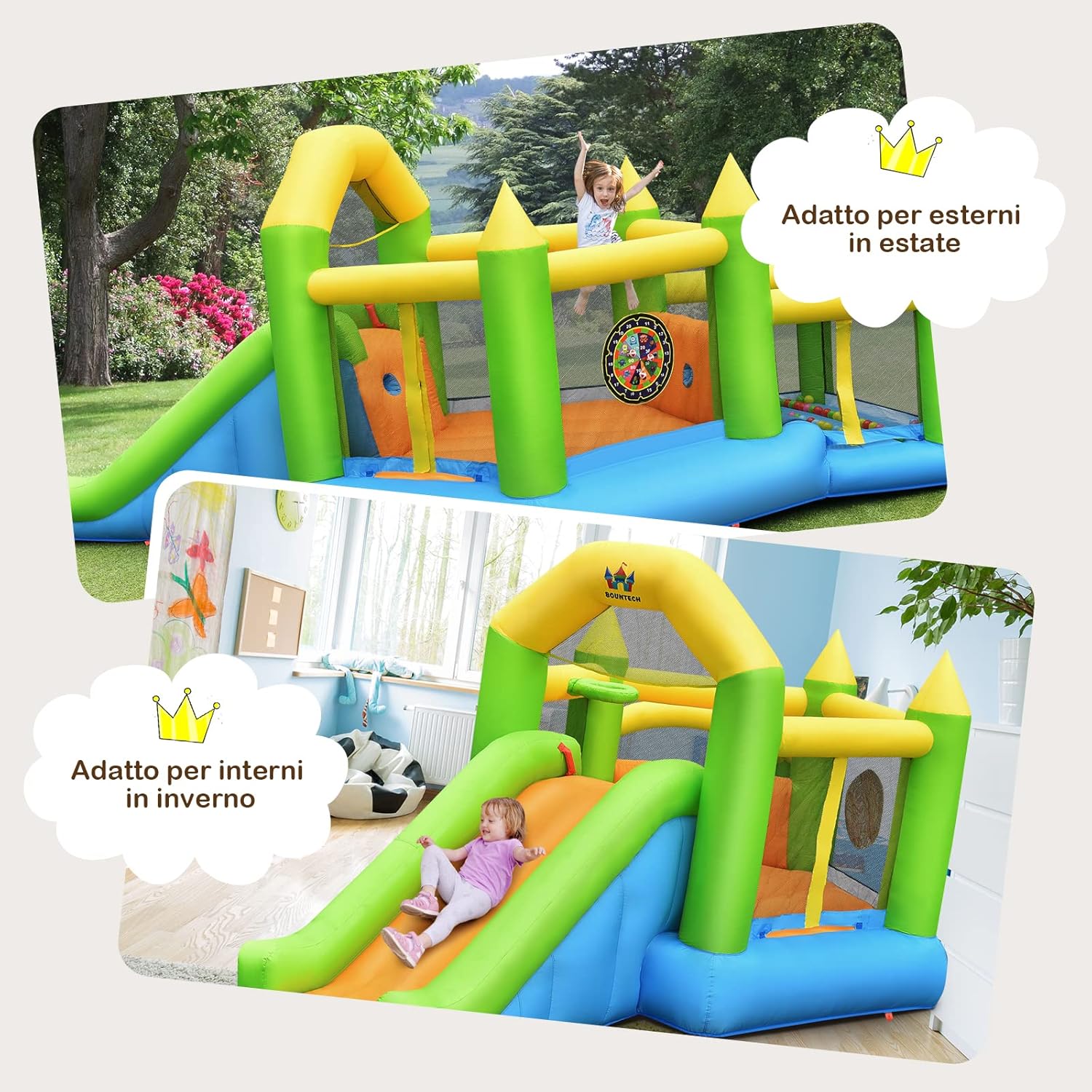 Castello Gonfiabile 5 in 1 per Bambini, Gonfiabile con Scivolo, Trampolino, Piscina di Palline, Canestro e Palla Basket, Borsa di Trasporto, 477x241x208 cm (Senza soffiatore)