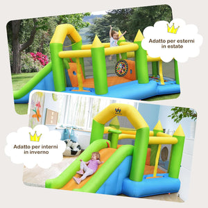 Castello Gonfiabile 5 in 1 per Bambini, Gonfiabile con Scivolo, Trampolino, Piscina di Palline, Canestro e Palla Basket, Borsa di Trasporto, 477x241x208 cm (Senza soffiatore)