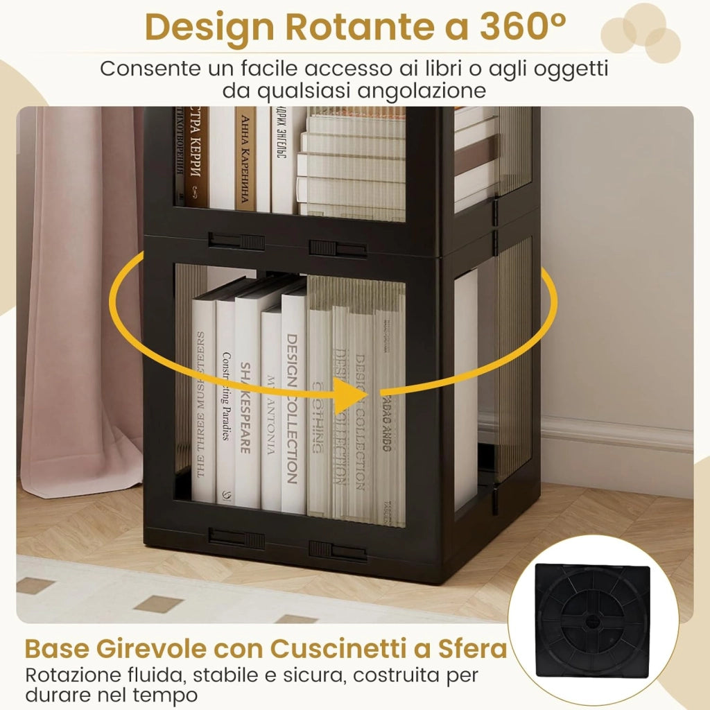 Libreria Girevole Pieghevole, Scaffale Traslucido Girevole a 360° con Base Rotante, Scaffale Alto Angolare da Esposizione per Soggiorno, Studio (Nero,5 Livelli)