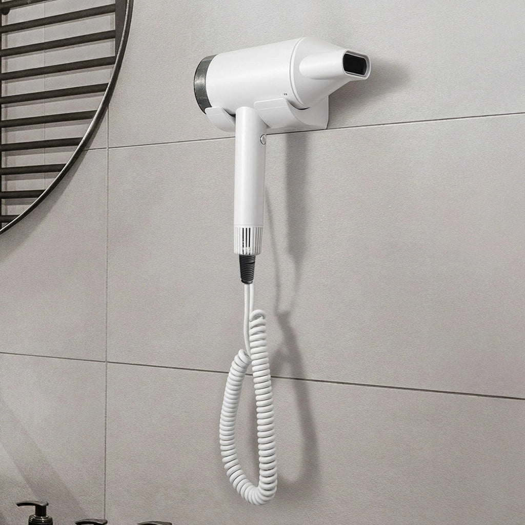 Asciugacapelli bianco con motore brushless con base murale e tasto a rilascio