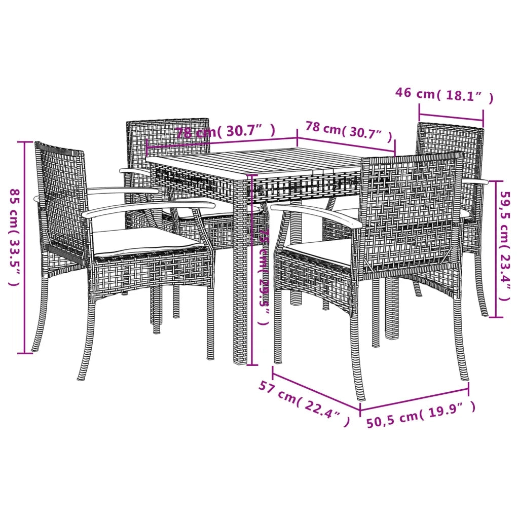 Set da Pranzo da Giardino 5 pz Nero con Cuscini in Polyrattan 3213561
