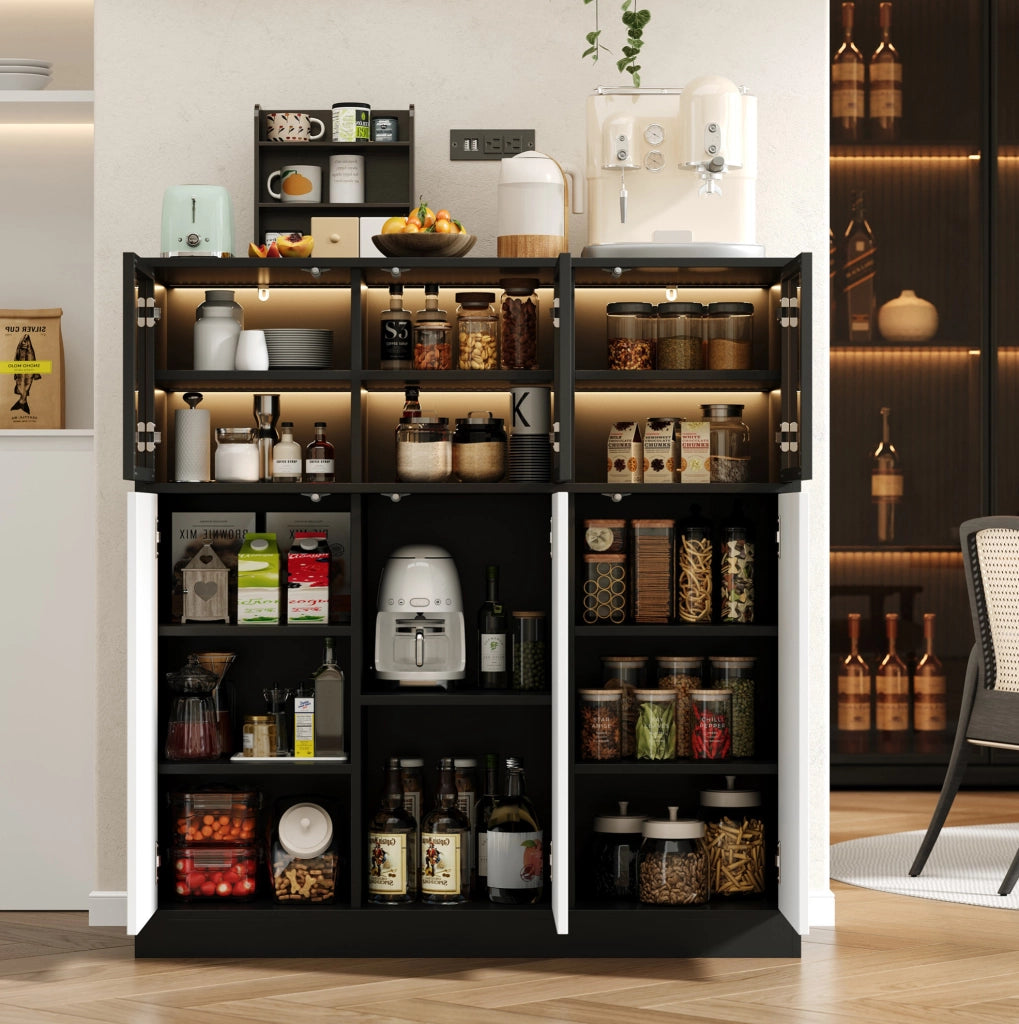 Mobile contenitore nero e bianco con 6 ante, 14 vani e illuminazione LED