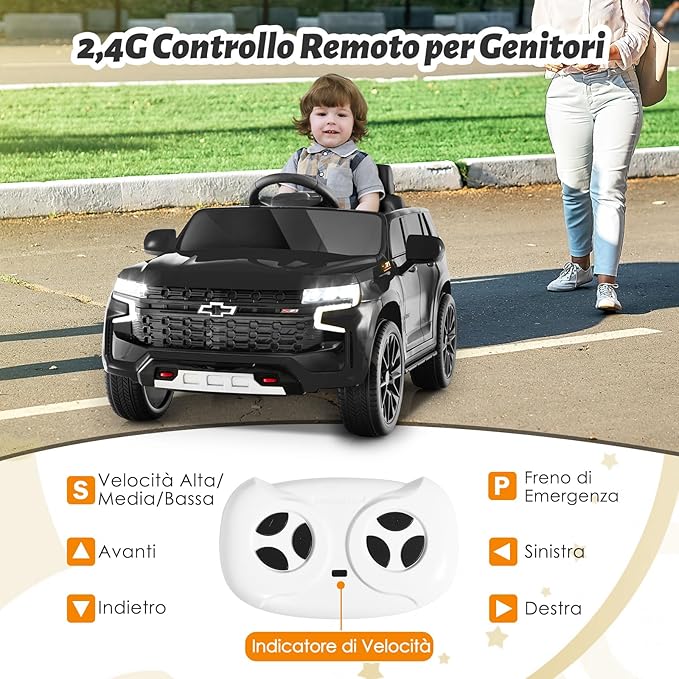 12V Macchina Elettrica per Bambini Chevrolet, SUV Elettrica con Telecomando Luci Luminose e Musica, 3-3,5 km/h, Ideale per Bambini di 3-6 Anni (Nero)