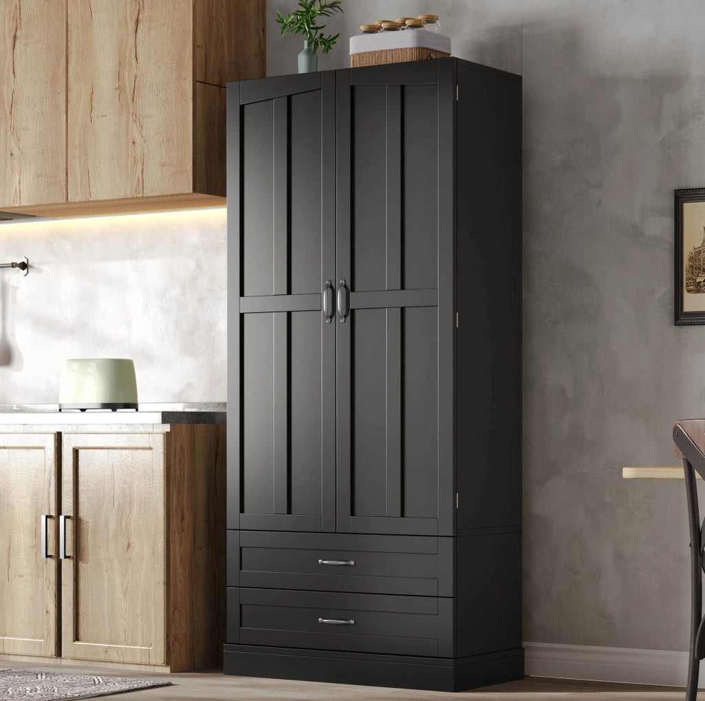 Mobile dispensa alto con 3 ripiani estraibili; 2 cassetti e ante; 180x80x37;5 cm; MDF nero