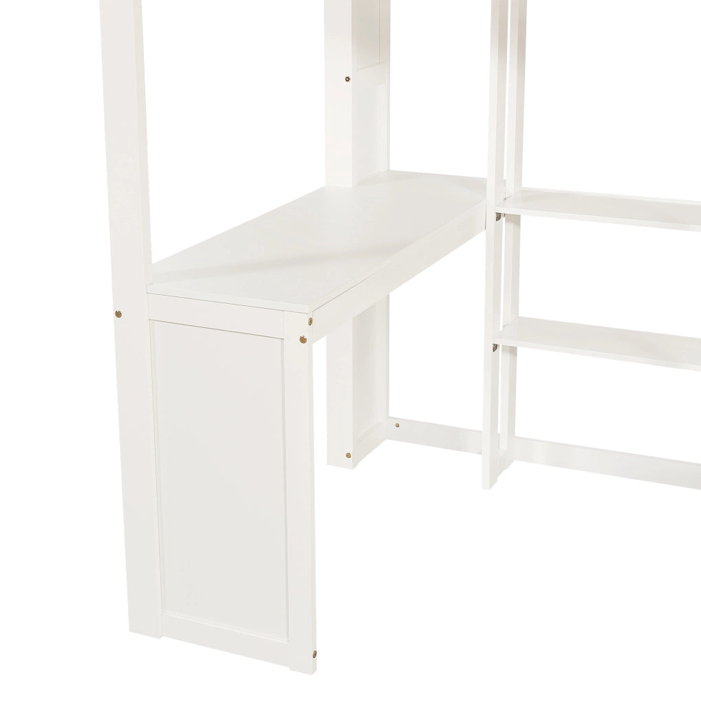 Letto a castello ULEVR 90x200 cm con scrivania, armadio, ripiani e scala a 4 gradini, bianco