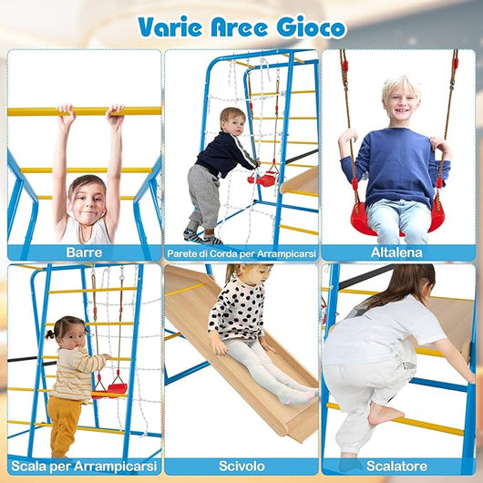 6 in 1 Set da Arrampicata per Bambini, Set Giocattoli di Metallo con Scivolo Altalena Sbarre Scala da Arrampicata e Parete di Corda, Parco Giochi per Bambini 3 Anni+