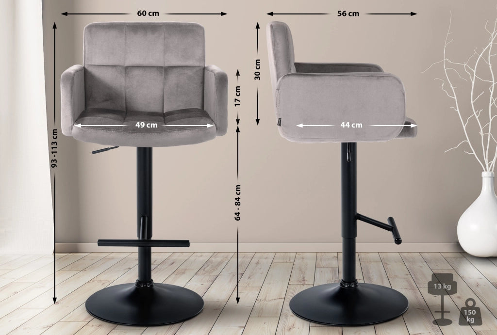 Set di 2 sgabelli da bar Los Angeles in velluto grigio,nero