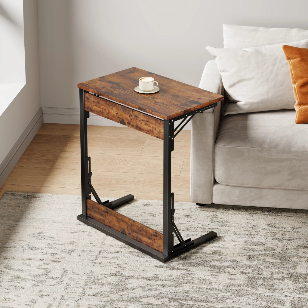 Tavolino basso a C pieghevole con struttura in metallo piano effetto legno per soggiorno e camera 60 × 37 × 71 cm