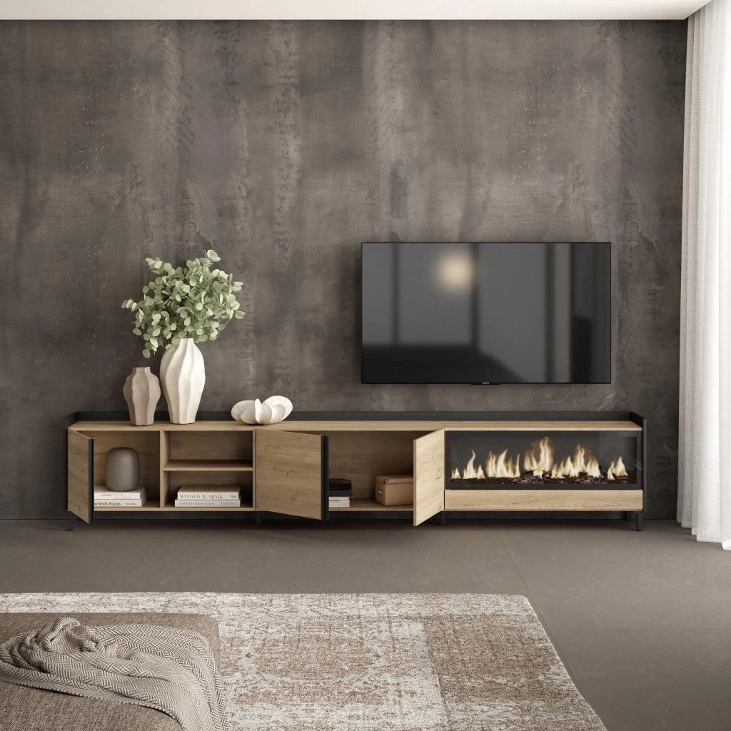 Mobile TV Soggiorno, 315x61x35 cm, Per TV fino a 80", Camino elettrico XXL, Design industriale, Rovere e nero