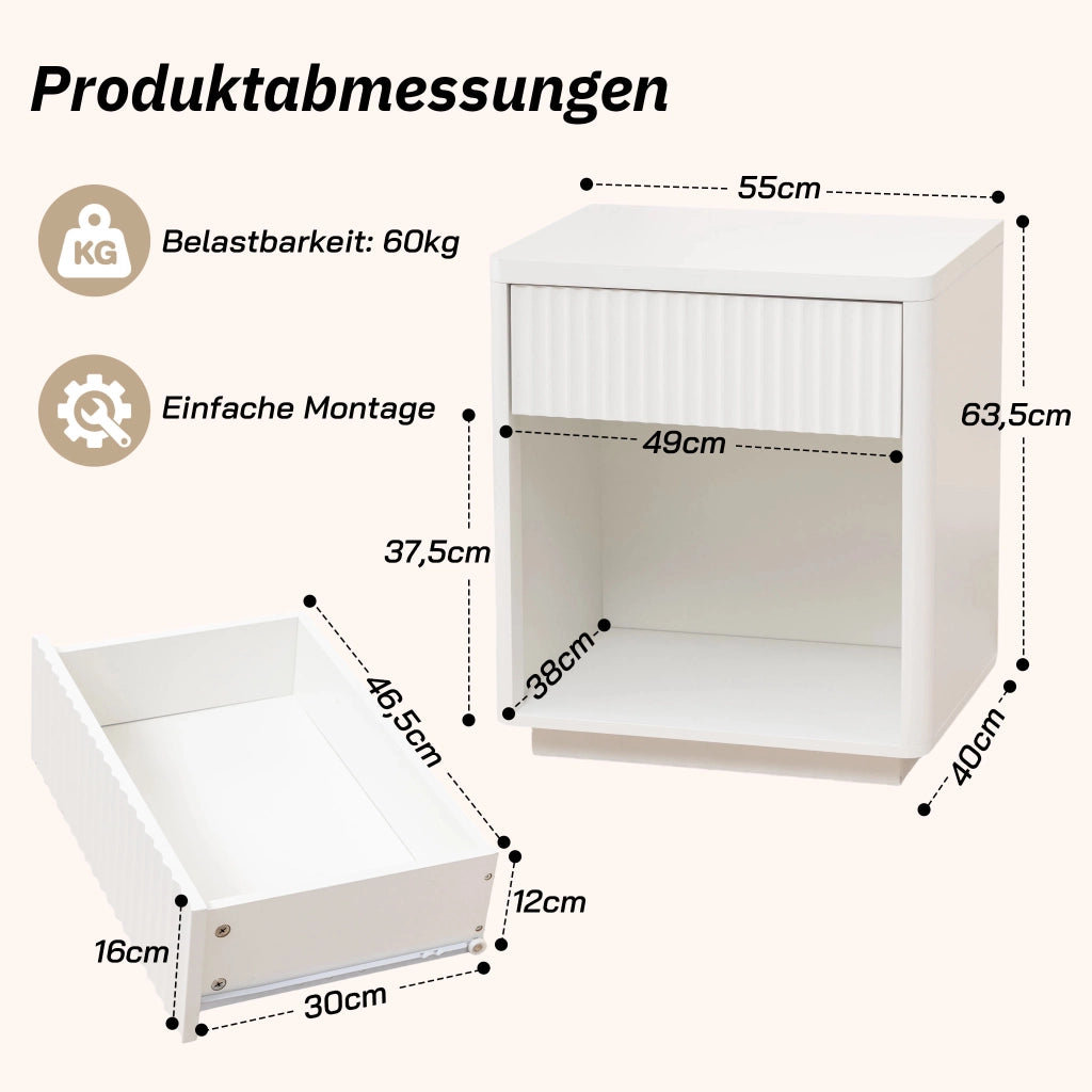 Comodino con cassetto e vano aperto, design a onde, per camera da letto, in MDF, bianco, 63,5 × 38 × 46,5 cm