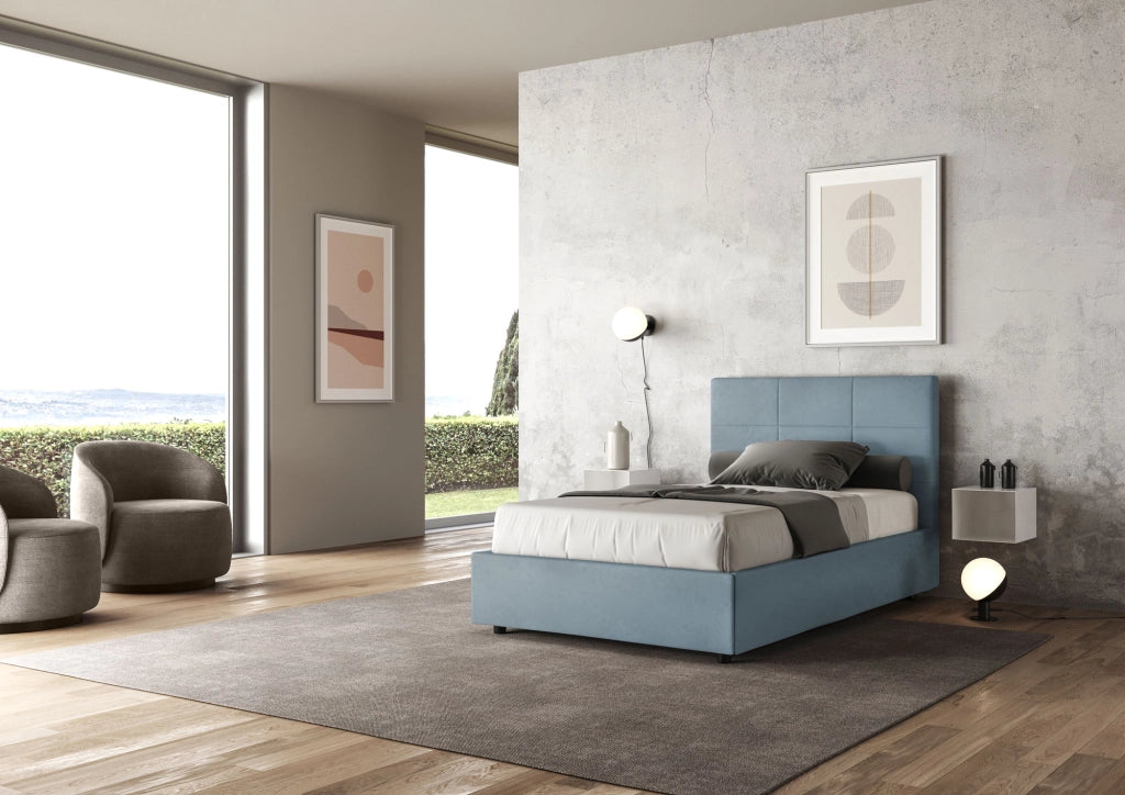 BS COM Letto una piazza e mezza senza rete imbottito 120x210 microfibra azzurro