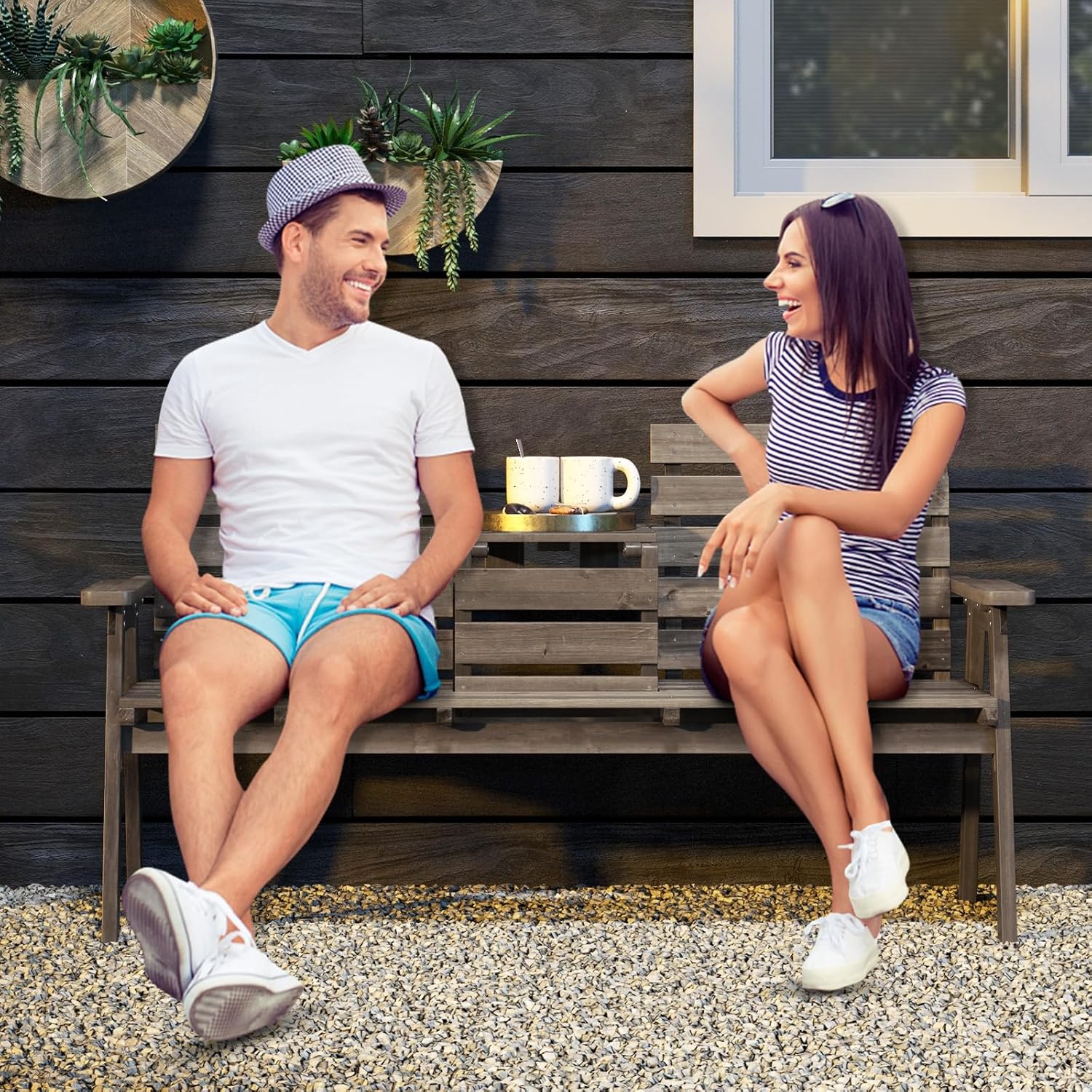 Panchina da Giardino in Legno, Panca Abete 2 o 3 Posti, 160 x 64 x 86 cm, Tavolino Convertibile in Seduta, Panca per Veranda, con Schienale, Braccioli, Portata 300 kg