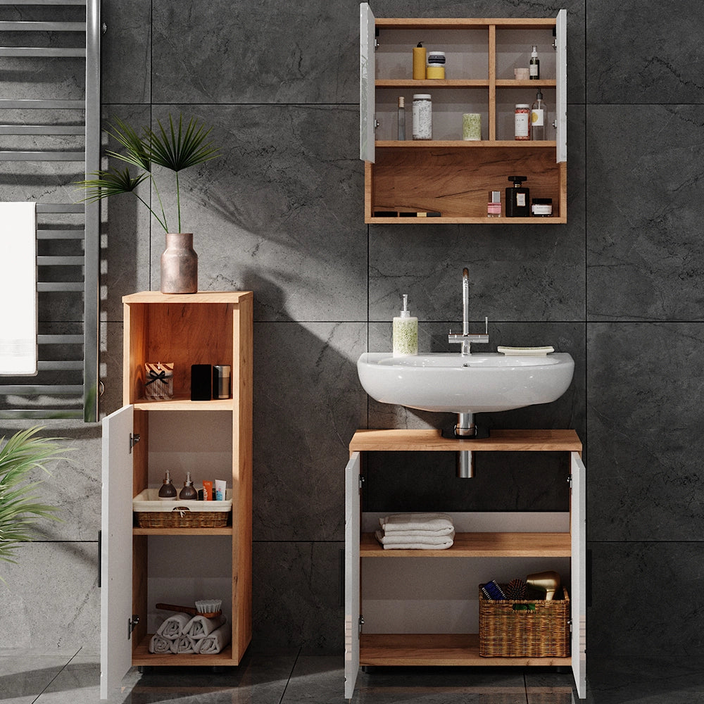 Vicco Set di mobili da bagno Bianco lucido/oro power oak 3 parti