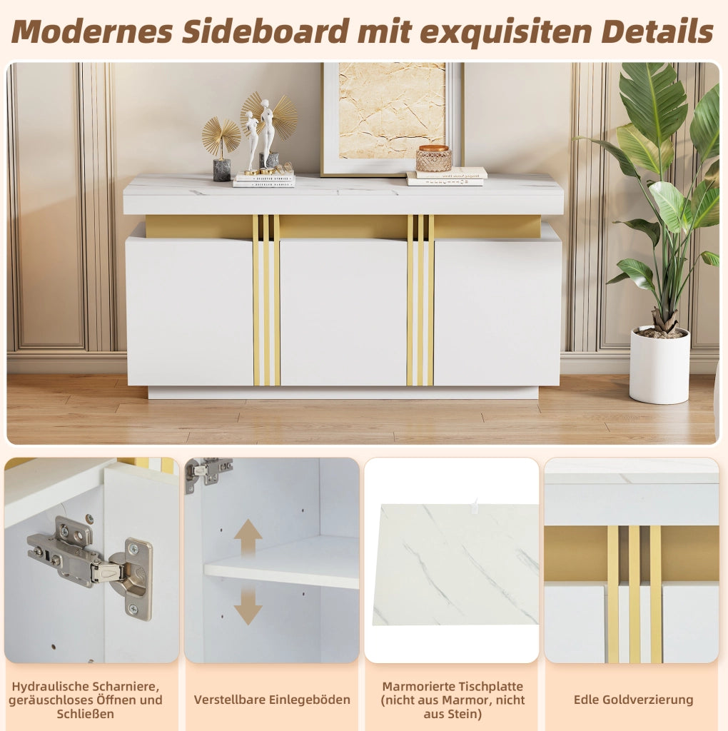 Credenza moderna bianca 140 x 38 x 70 cm con 3 ante e vani regolabili