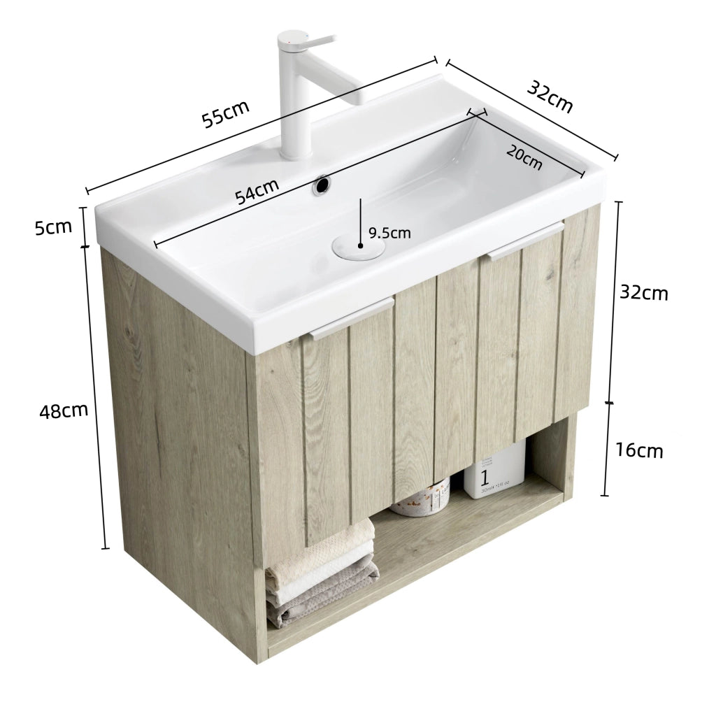 Mobile Bagno con Lavabo in Ceramica, Ante e Ripiano ¨C MINIMAL ¨C Rovere Crema 55cm