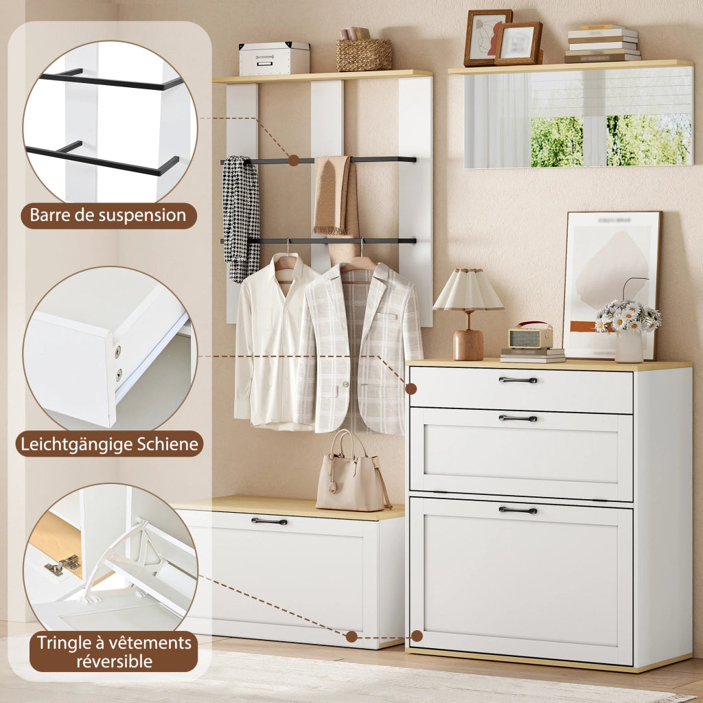 Mobili da ingresso modulari con scarpiera ribaltabile; specchio e doppia barra appendiabiti; per ingresso; 156 × 36 × 176 cm