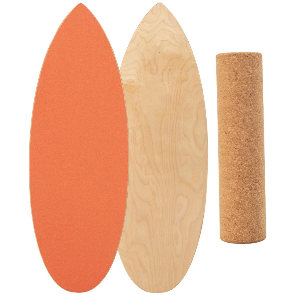 Tavola oscillante realizzata in legno di betulla e sughero, Balance board con rullo e copertura antiscivolo Arancione-Barre per flessioni