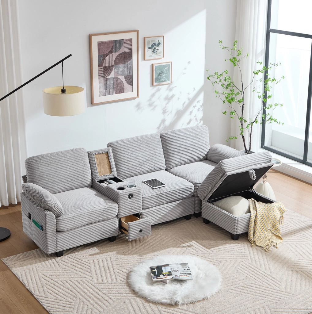 Divano in velluto a coste 266x136x82 cm con pouf contenitore; USB-C e console scorrevole grigio chiaro