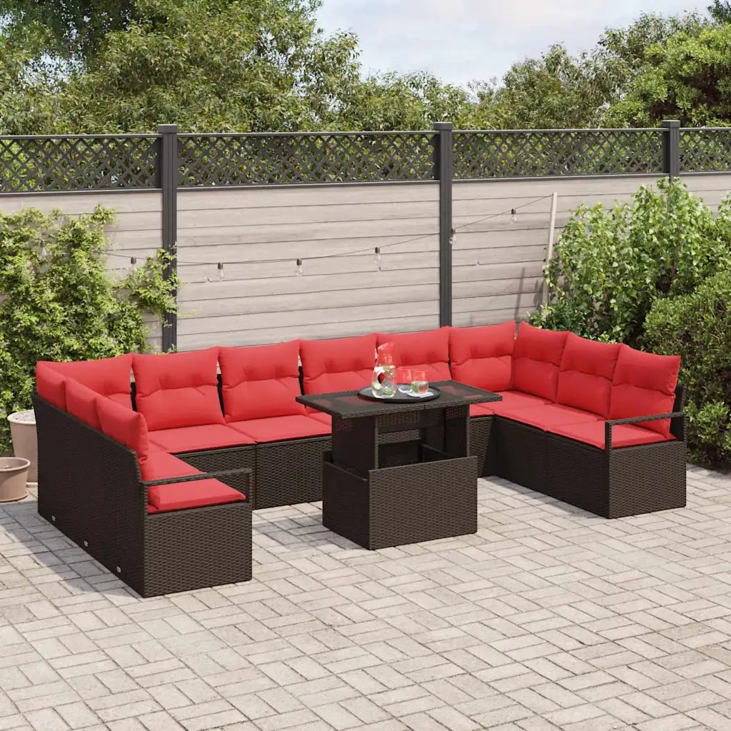 Set Divano da Giardino 11 pcs Marrone e Rosso polyrattan