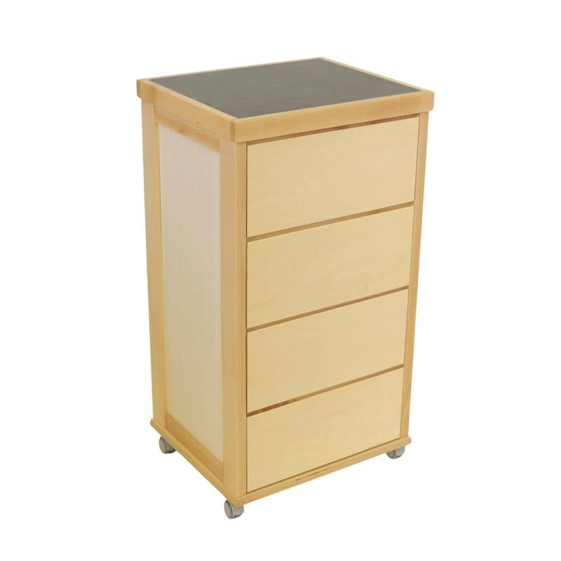 CASSETTIERA PRESTIGE NATURALE IN FAGGIO MASSELLO 4 CASSETTI CON GUIDE METALLICHE TOP IN CERAMICA RUOTE IN PLASTICA GOMMATA PIROETTANTI