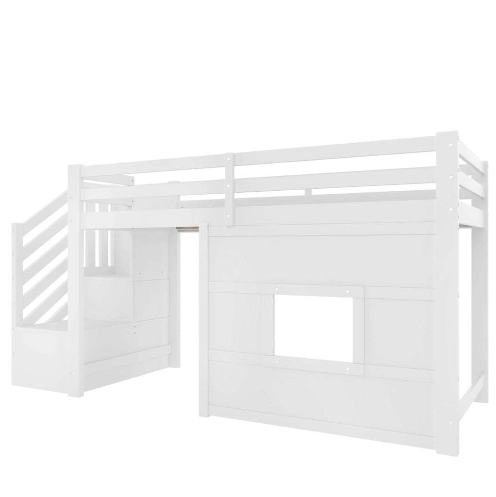 Letto a soppalco 90x200 cm con scala contenitore; finestra e LED in MDF; pino; compensato bianco
