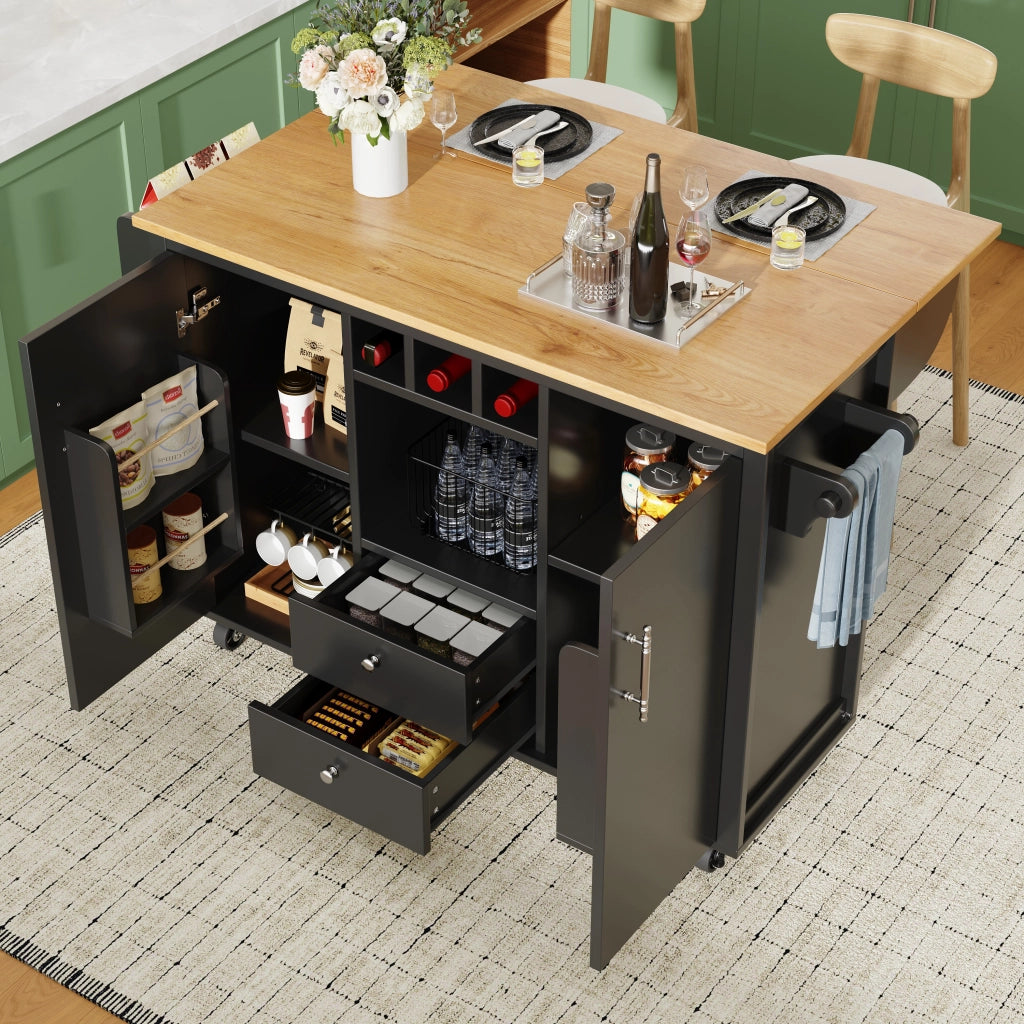 Carrello da cucina con 2 Cassetti; 2 Ante; Ripiani; Portasciugamani e Piano Pieghevole; in MDF; 137;9x45x92 cm; Nero
