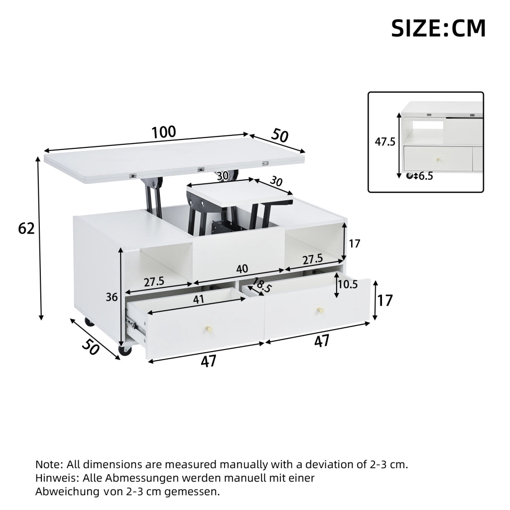 Tavolino Da Salotto Sollevabile con 4 Cassetti e Piano Ribaltabile; Idraulico; Stile Moderno; in MDF; 100×50×47;5 cm; Bianco
