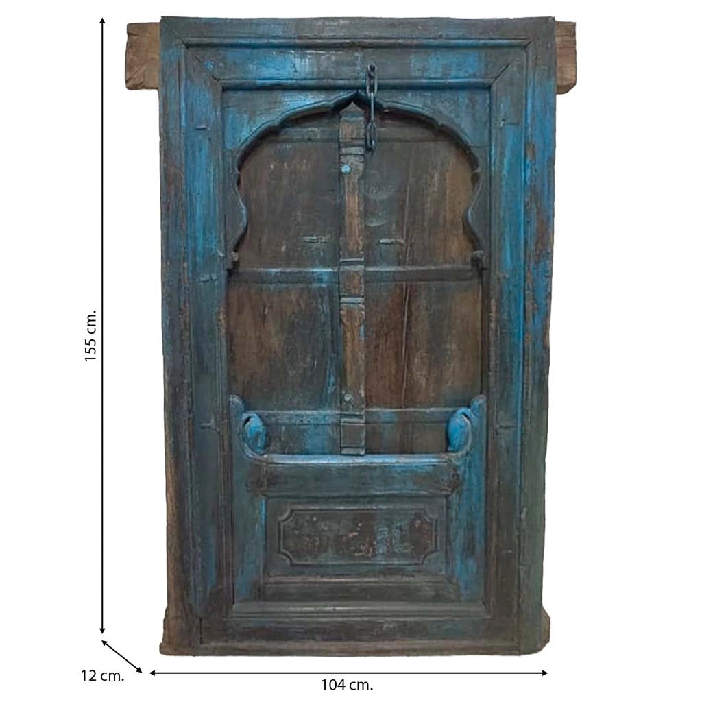 Finestra in legno con finitura artigianale blu, 104x112x155h cm