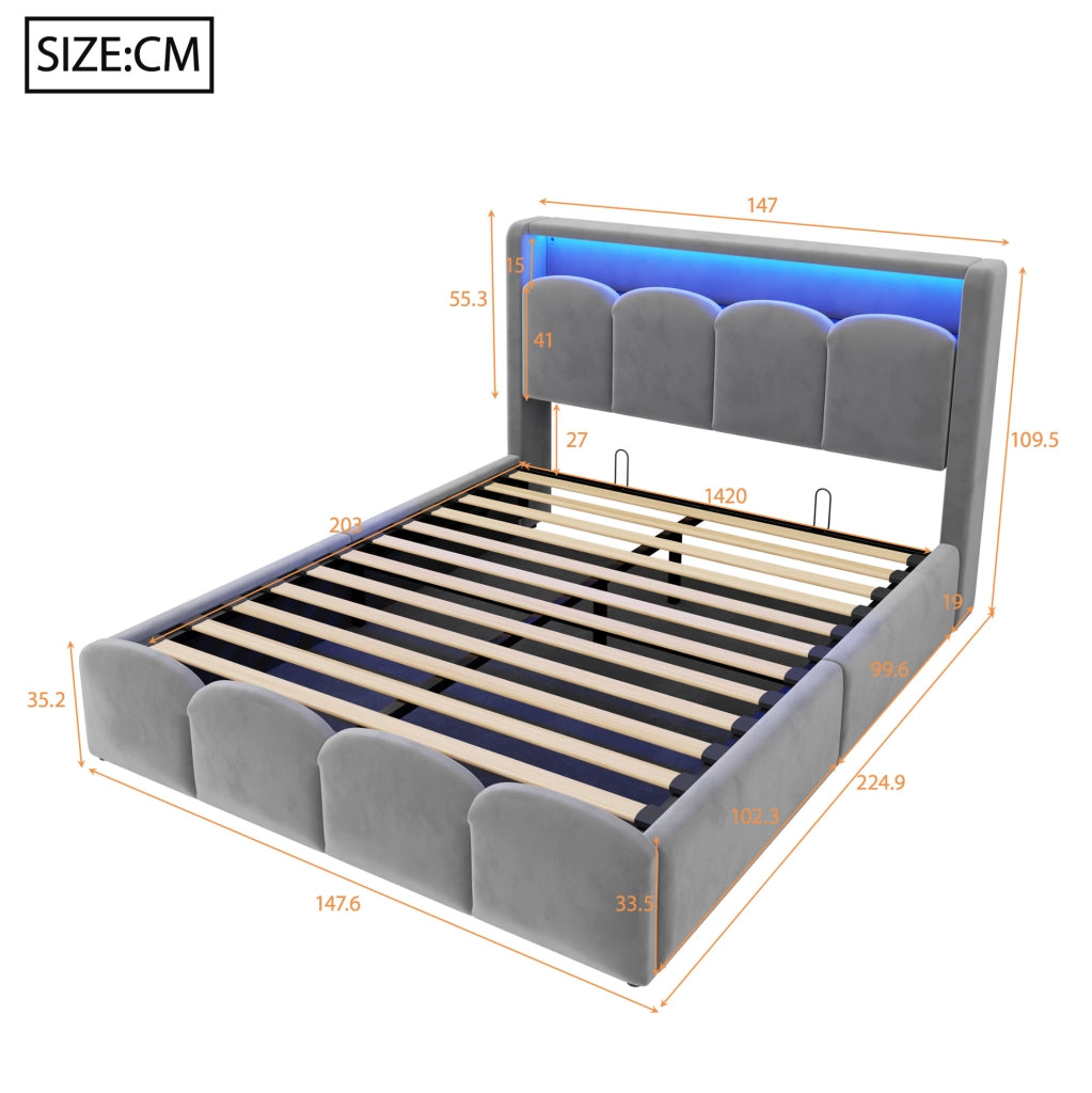 LETTO Imbottito 140x200 cm Velluto Grigio con LED, USB e USB-C
