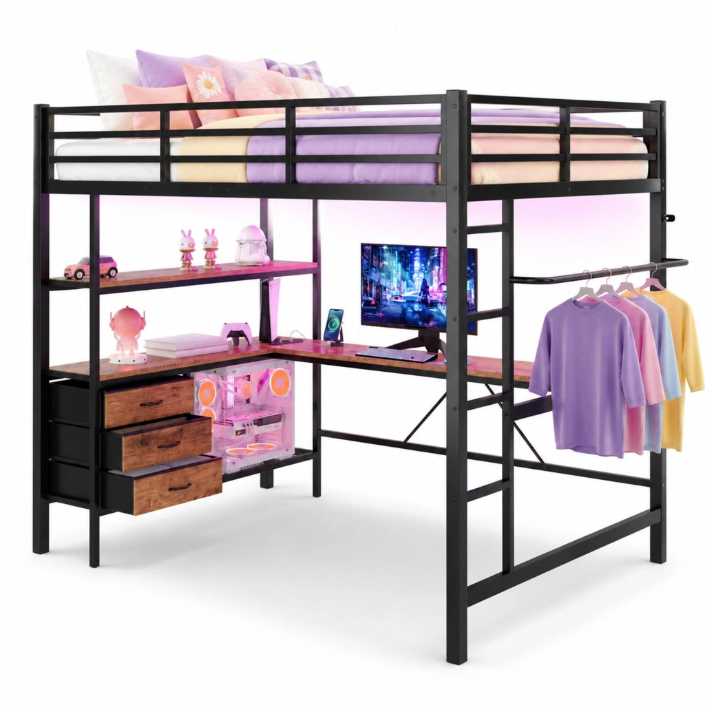 LETTO a soppalco 140x200 cm nero con scrivania, cassetti e ripiani