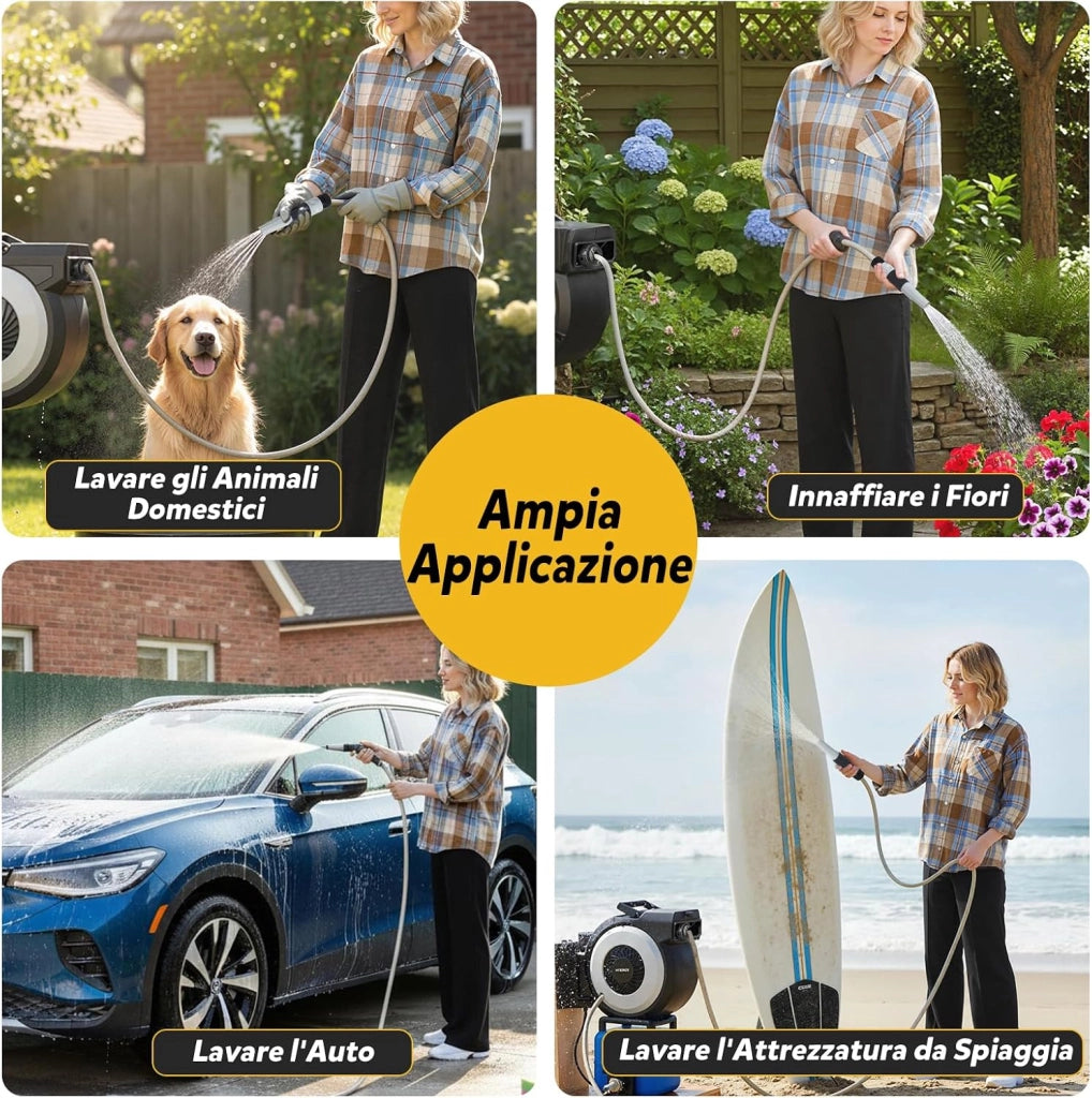 Avvolgitubo da Giardino Automatico a Muro, Tubo in PVC 30 M con Tubo di Alimentazione 2 M, Supporto Girevole a 180°, Ritorno Lento, Avvolgitubo Acqua Retrattile con Ugello Spray (30 M)