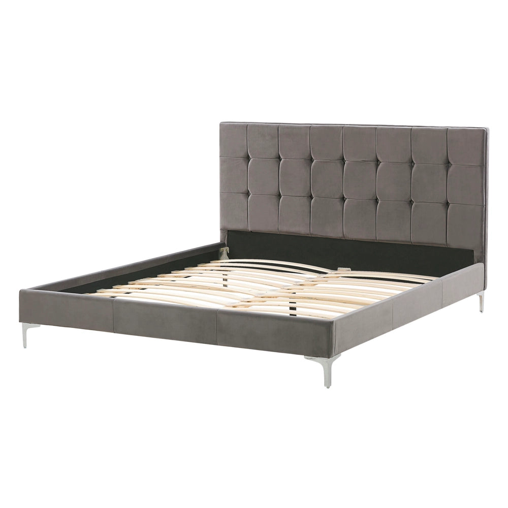 Letto in velluto grigio tappezzeria matrimoniale 140 x 200 cm con rete a doghe e testiera capitonné con bottoni