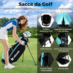 Set Completo di Mazze da Golf con Sacca a Treppiede, Include con Driver 1 da 460CC, Legno 3, Ibrido, Ferri 5, 6, 7, 8, 9, P, S, Putter e Copertura Antipioggia per Destrimani