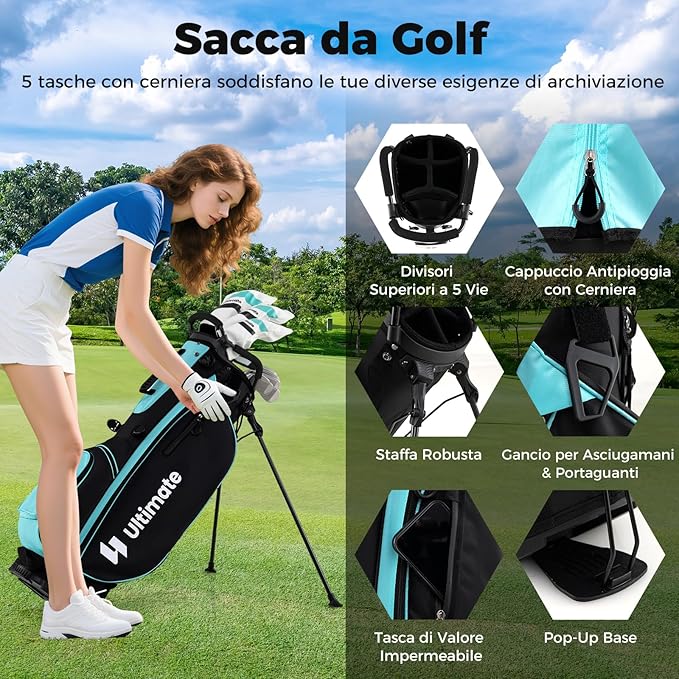 Set Completo di Mazze da Golf con Sacca a Treppiede, Include con Driver 1 da 460CC, Legno 3, Ibrido, Ferri 5, 6, 7, 8, 9, P, S, Putter e Copertura Antipioggia per Destrimani