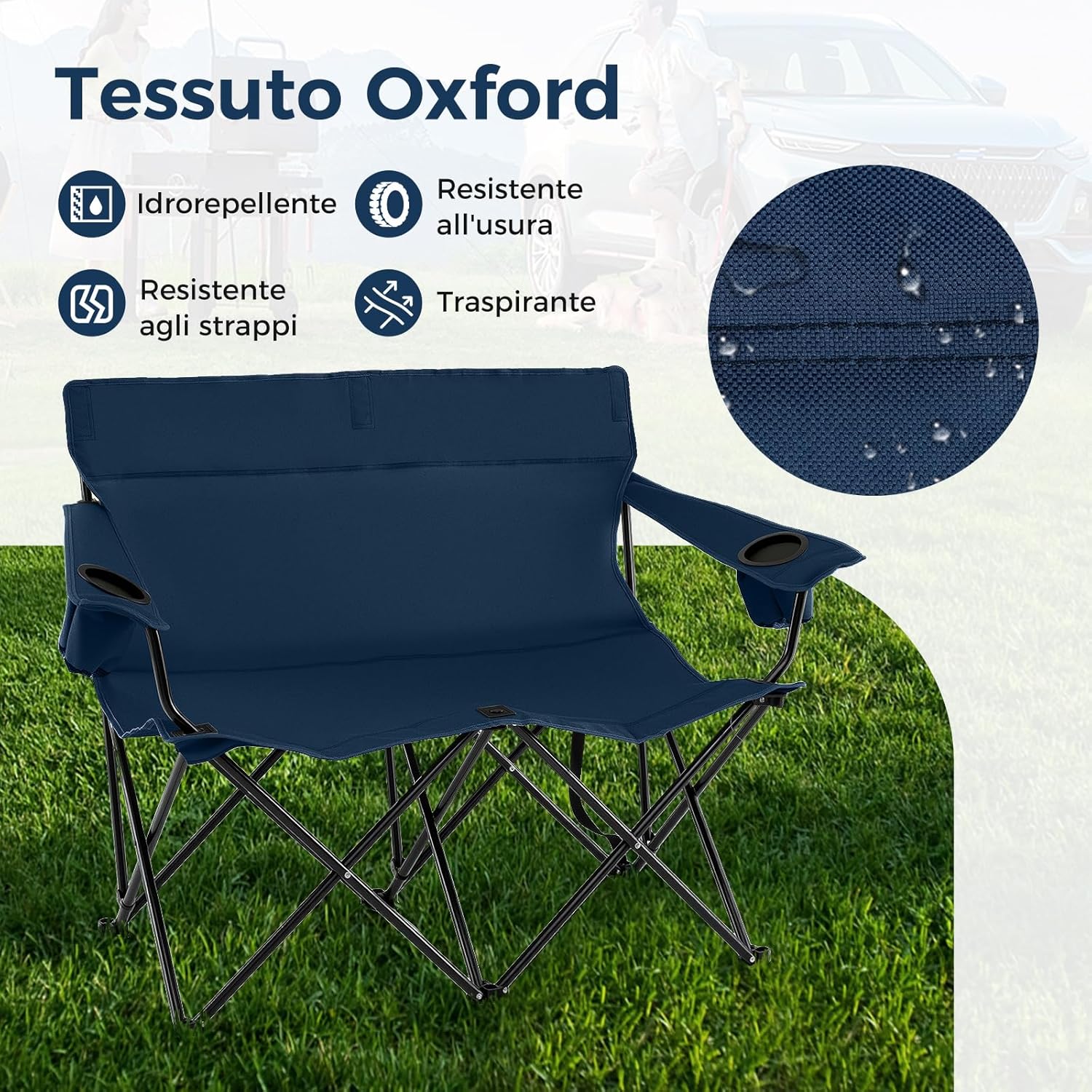 Sedia da Campeggio Doppia, Poltrona Pieghevole per 2 Persone con Portabicchieri, Borsa per il Trasporto, Sedia da Giardino Portatile per Spiaggia, Picnic, Pesca, Portata 300 kg (Blu)