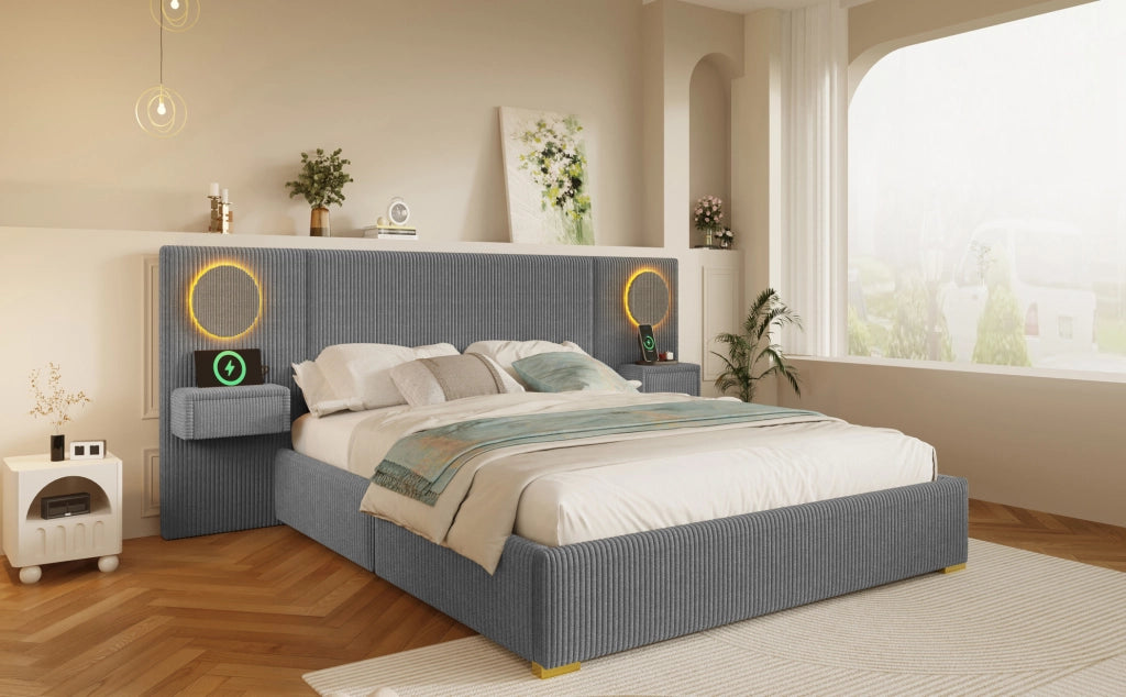 Letto imbottito grigio 180 x 200 cm con luci LED, USB e comodini