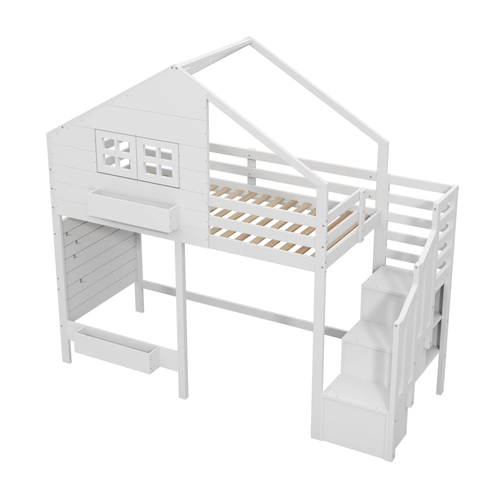 Letto a castello per bambini 90x200 cm in legno di pino massiccio, con finestra, scala contenitore e vani portaoggetti, bianco