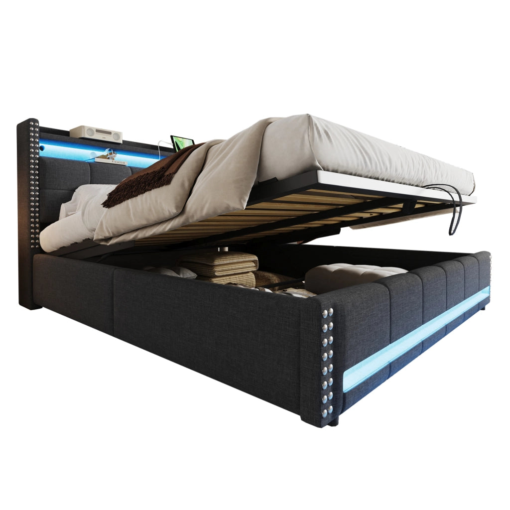Letto matrimoniale imbottito 180x200 cm grigio in tessuto effetto lino con LED; USB e contenitore