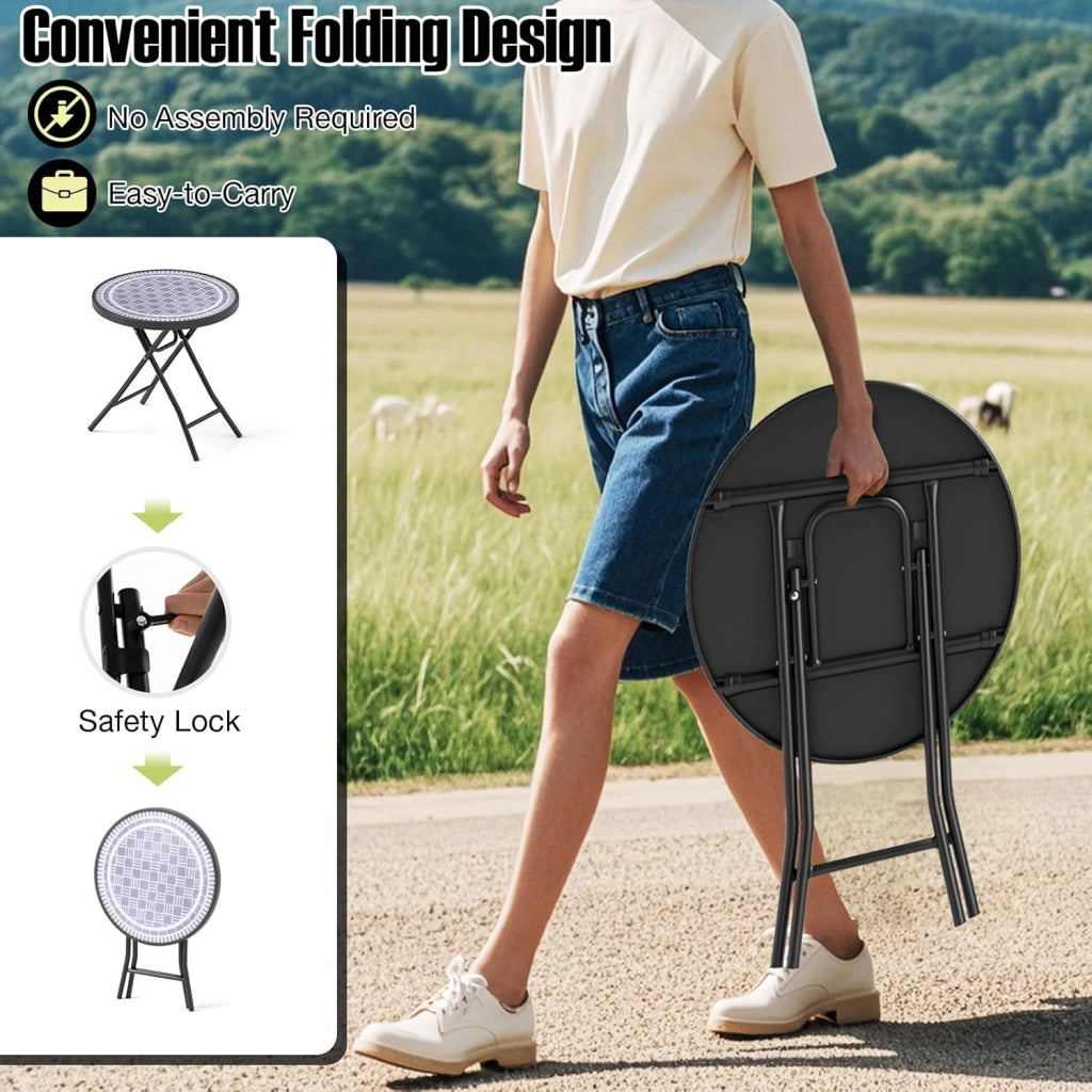 Tavolo da giardino in vetro temperato da 46 cm, tavolino pieghevole con telaio in metallo, tavolo da pranzo rotondo per patio, terrazza, balcone, tavolo laterale per interni ed esterni