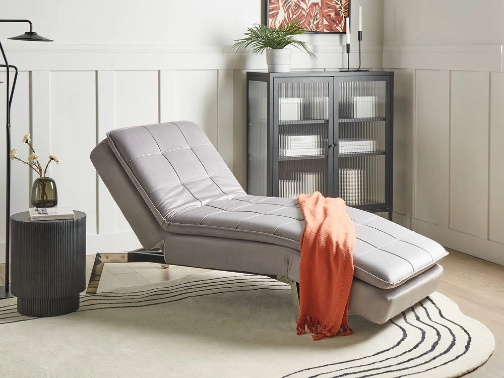 Chaise longue Velluto Grigio Chiaro capitonné Schienale e Gambe Regolabili Modern Glam