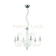 LAMPADARIO DEBUSSY 6 LUCI BIANCO SATINATO CROMO ATTACCO E14 D.72CM