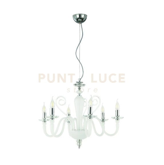 LAMPADARIO DEBUSSY 6 LUCI BIANCO SATINATO CROMO ATTACCO E14 D.72CM