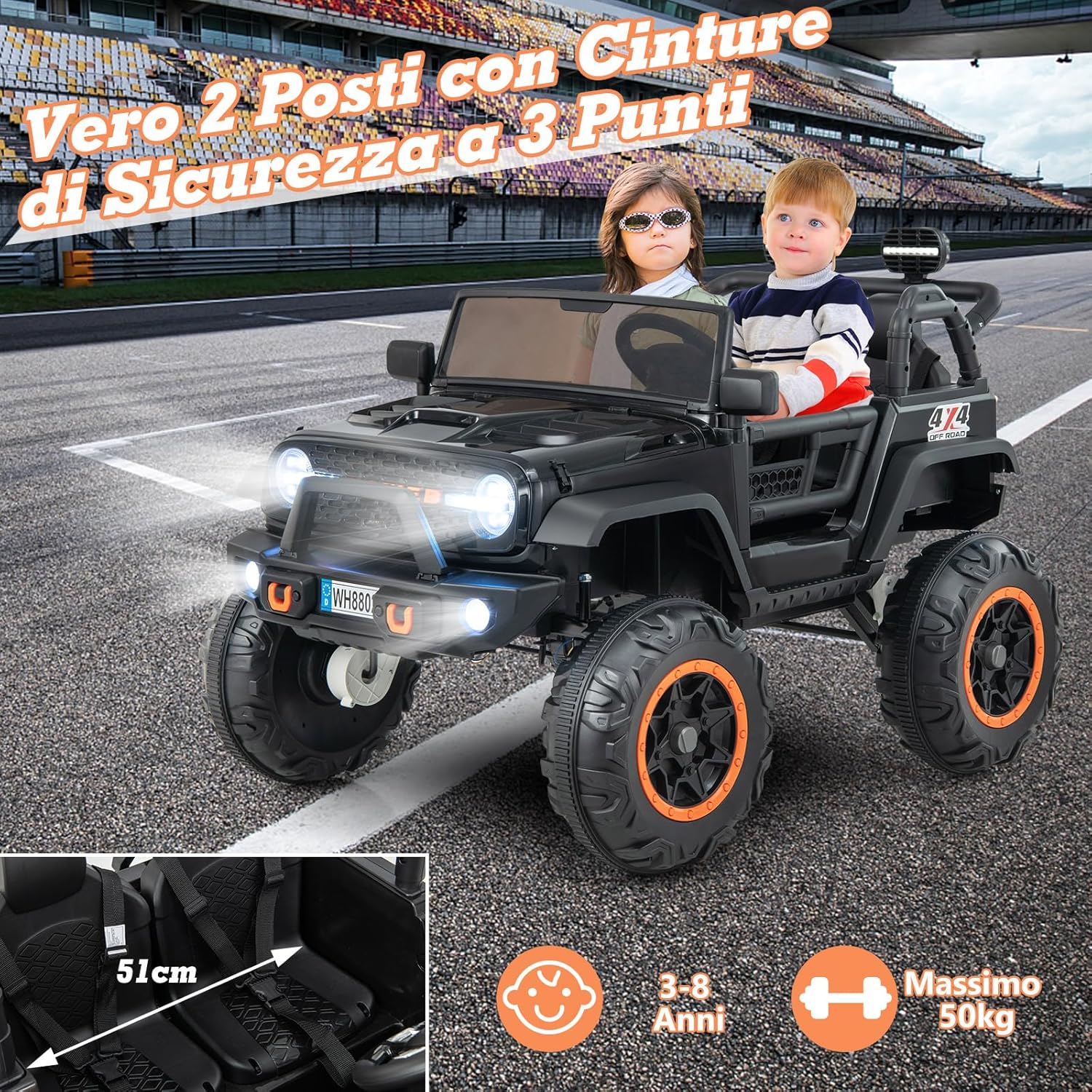 24V Macchina per Bambini con Telecomando, Auto Elettrica per Bambini 2 Posti, con Musica Storie USB, Partenza Lenta, Velocità 3,9-5,9 km/h, 3+ Anni (Nero)