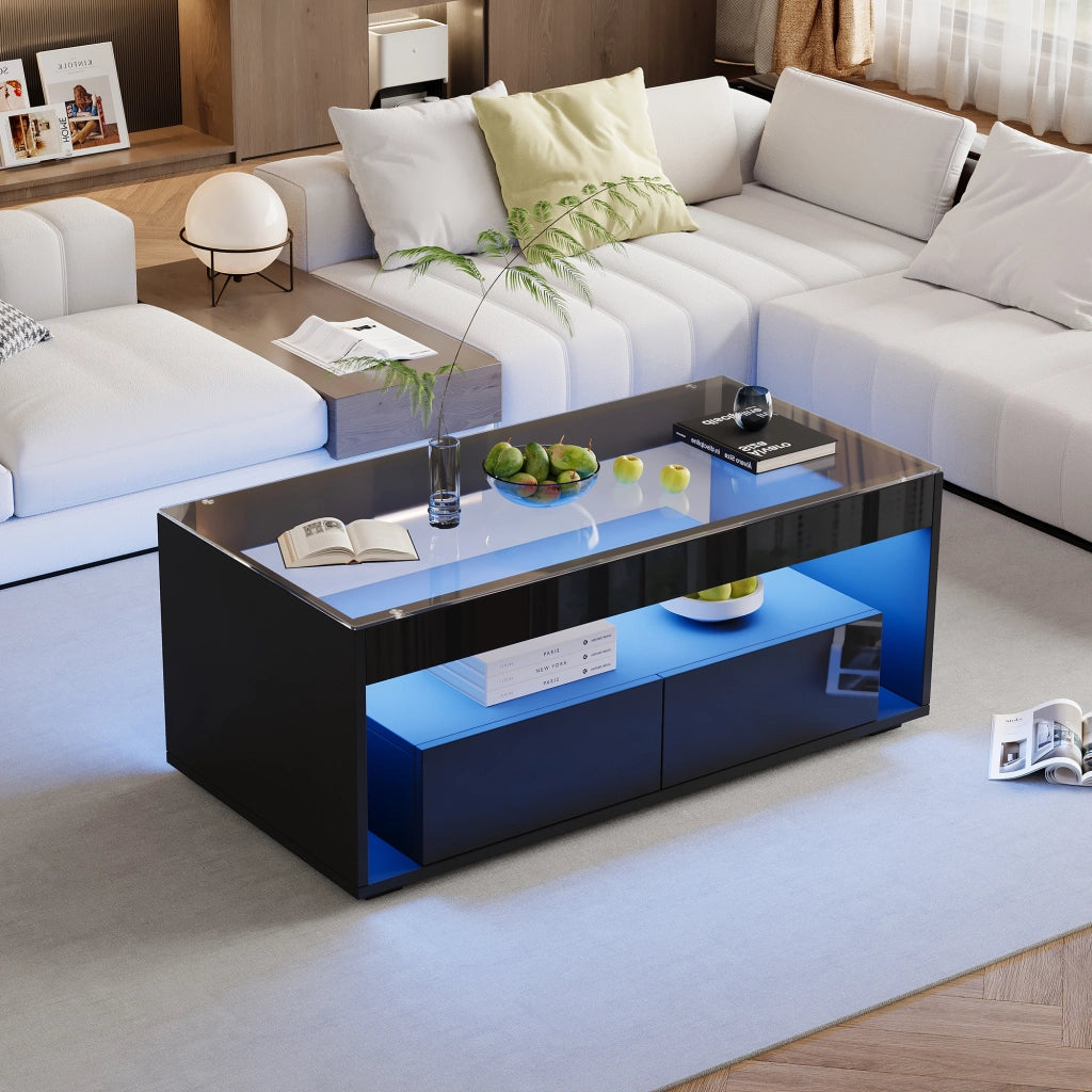 Tavolino da caffè 100x50x40 cm; con LED e 2 cassetti; piano in vetro temperato; truciolare; nero