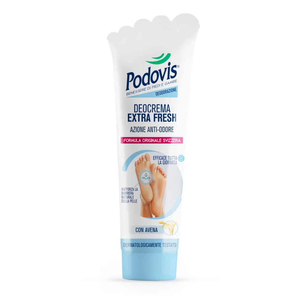 Deocrema Extra Fresh, Crema per i Piedi, Effetto Rinfrescante ed Idratante, Regola la Sudorazione del Piede, con Antibatterico, Senza Parabeni e Siliconi, 100ml, Podovis