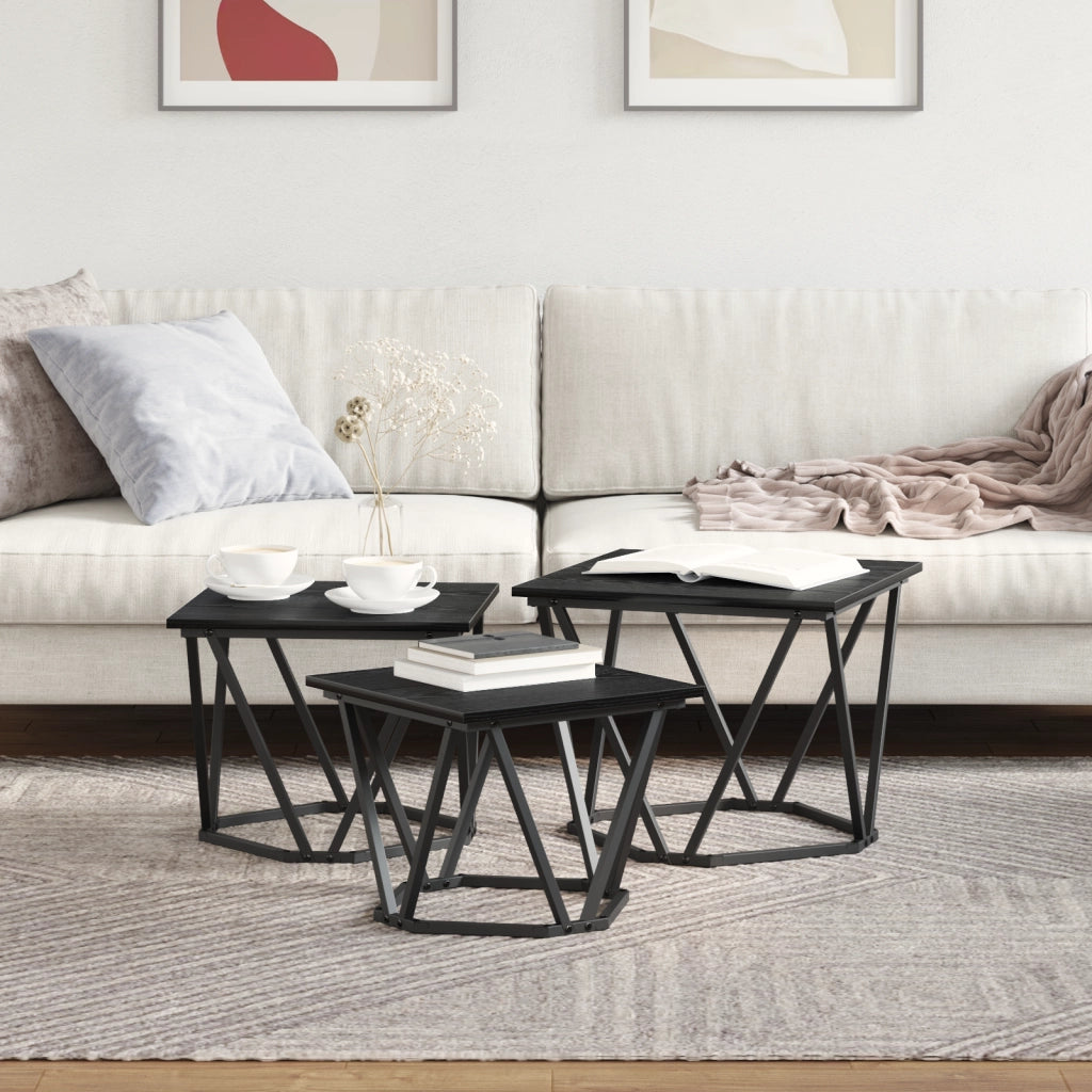 Tavolini 3 pz Nero Rovere Legno Ingegnerizzato