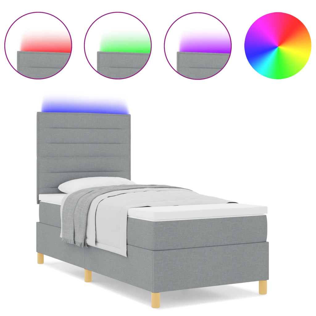 Box Spring Letto con Materasso e Luce LED Grigio Chiaro 100x200 cm Tessuto