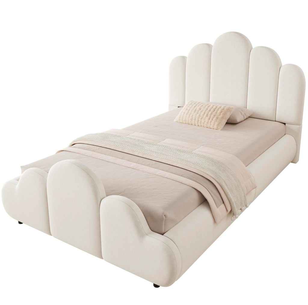 Letto singolo imbottito 90x200 cm in velluto beige; con rete inclusa e angoli arrotondati