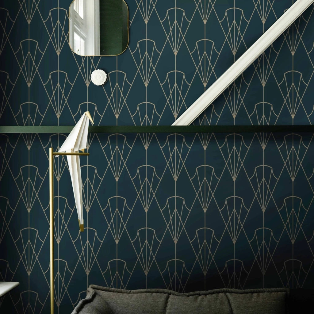 Carta da Parati Art Déco Anni 30 Verde Petrolio Carta Vegana 250x200cm 5,5mq 