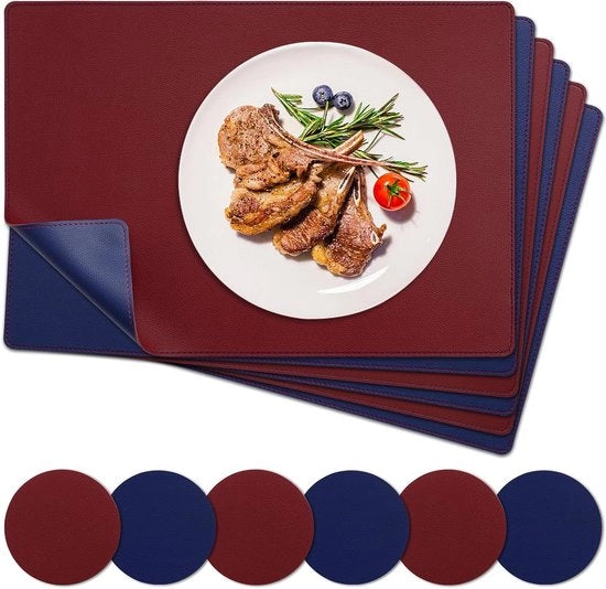 Set di piatti da asciugare per tavolo da 6 - Pelle - Resistente al calore - Antiscivolo - Blu reale/Rosso - Sottopiatto - Bicchierino